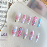 SHOPMOCHO 10pcs pure handmade coffin shaped nail art, beautiful fake nails, playful pink white blue nail art, suitable for women to use