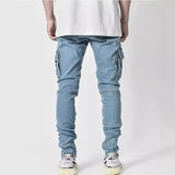 SHOPMOCHO Men Street Elastic Denim Jeans Wash Solid Color Multi Pockets Cargo Pants Casual Slim Fit Daily Wear Joggers Mid Waist Trousers