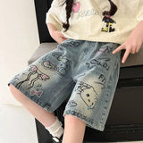 SHOPMOCHO New Summer Girls Denim Shorts Cartoon Hello Kitty Fashion Loose Knee Length Jeans Pants For 4-14 Years Teen Kids Casual Trousers