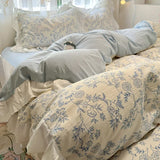 Shopmocho 1.5/1.8 Korean Style 100% Cotton Fitted Sheet Sets with Lace Flower Print Bedding Set for Seasons Home Bedclothes for Adult Kids