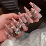 SHOPMOCHO 10Pcs Fashion Gentle Handwork Press On Nails French Style Flowers Butterfly Rhinestone Pearl Design Detachable False Nails Gift