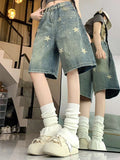 Shopmocho Women High Waist American Retro Washed Wide Leg Jeans Girls Street Do Old Star Loose Denim Pants Female Blue Knee Length Shorts