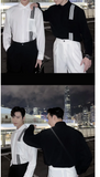 Shopmocho High End Men's Korean Style Shirt with Niche Design Woven Ribbon Splicing Light and Mature Temperament Long Sleeved Shirt Trend