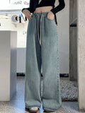 SHOPMOCHO Botvotee Elastic Waist High Waist Wide Leg Jeans for Women Loose Straight Blue Long Denim Pants Female Fashion Streetwear Jeans