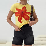 Shopmocho Xingqing y2k Crop Top 2000s Women Baby Tee Floral Print Round Neck Short Sleeve T Shirt Fairycore Aesthetic Clothes Streetwear