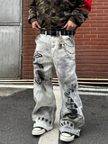 SHOPMOCHO 2026 American Retro Y2K Style Dirty Washed White Baggy Jeans Pants For Men Clothing Star Printed Straight Cotton Long Trousers