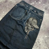 SHOPMOCHO American New Skull Embroidery Casual Baggy Jeans Women Y2K Street Harajuku Vintage Gothic High Waist Joker Wide Leg Pant Trouser