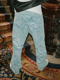 SHOPMOCHO New Unisex Mens Jeans Light Blue Vintage Straight Leg American Hip Hop Jeans with Cupid Angel Print Streetwear Casual Trousers