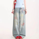 SHOPMOCHO Jeans for Woman Y2k Pants Retro Washed Denim Straight Leg Wide Leg Trousers Cartoon Embroidery Design Comfortable Daily Wear