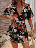 Shopmocho Printed V-neck Short Sleeve Jumpsuit Women Loose High Waisted Jumpsuit Beach Vacation Comfortable Summer Clothes