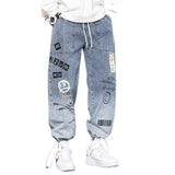 SHOPMOCHO Korean Clothing  Men Letter Printed Jeans High Waisted Baggy Jeans Cartoon Graffiti Hip-Hop Pants Blue Jeans