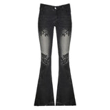 SHOPMOCHO Low Waist Vintage Denim Jeans Women's Printed Elastic Millennium Flared Pants Early Taste Design Classic Long Pants Cotton