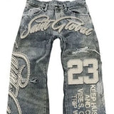 SHOPMOCHO Streetwear Vintage Blue Jeans Y2K Clothes Men Hip Hop Letter Patch Embroidery Vintage Blue Baggy Jeans Mid Rise Wide Leg Trouser