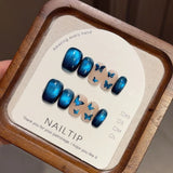 SHOPMOCHO 10Pcs Handmade Nude Color Press On Nails Sparkling Cat-Eye Cherry Star Marine Elements Sequins Cute Girlish Nail Suitable Summer