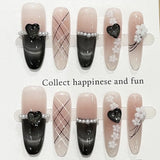 SHOPMOCHO Sweet Lovely Cartoon Bear Long Coffin Stiletto Fake Nails Bowknot Pearl Diamond Flowers Cat Eyes Wearable Fake Nails