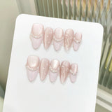 SHOPMOCHO 10pcs Handmade Press on Nails French Cat Eye Pink Bow Decor Korean False Nails Wearable Full Cover Ins Almond False Nail Tips