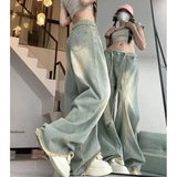 Shopmocho Retro American Denim Jeans Women's High Waist Wide Leg Pants Vintage Washed Design Slimming Effect Spring Summer New Style
