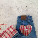 SHOPMOCHO Korean Style Harajuku Style Fashionable Heart-shaped Checkered Patch Jeans High Street Couple Checkered Flared Wide Leg Jeans