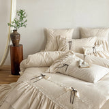 SHOPMOCHO Double-layered Ruffles Lace Bow Princess Bedding Set Cotton Linen Blend Duvet Cover Set Flat/Fitted Bed Sheet Pillowcases 4Pcs