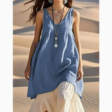Shopmocho V-Neck Sleeveless Cotton Linen Beach Dress Women's Loose Waist Midi Dress Comfortable Breathable Summer Fashion Dress