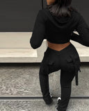 SHOPMOCHO Zipper Design with Exposed Navel Hooded Sweatshirt and Drawstring V-Shaped Waistline Work Pants, Sports Pants Long Pants Set