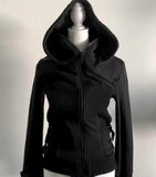 SHOPMOCHO Black Gothic Hoodie Women Solid Color Slim Vintage Top Retro 90s Pattern Sweatshirt Hoodie Versatile Fashion Casual Cardigan
