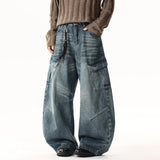 SHOPMOCHO Autumn Men's Hip Hop Fashion Pockets Baggy Jeans High Street Vintage Straight-Leg Denim Pantalones Harajuku Y2K Blue Cargo Jean