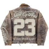 SHOPMOCHO American Retro Washed Brown Jacket Y2K Clothes Men Letter Patch Embroidery Sequins Rhinestones Design Oversized Coats Casual Top