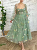 Shopmocho Prom Dresses Green Fairy Puffy Sleeve Lace Embroidery Tulle Formal Evening Party Gown Elegant Tea Lengt Robe De Soiré