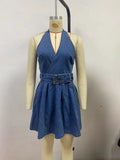 SHOPMOCHO Europe America New Sexy Hang The Neck V-neck Backless Denim Dress,Women's Summer Street Fashion Sleeveless Short Dress with Belt
