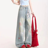 SHOPMOCHO Jeans for Woman Y2k Pants Retro Washed Denim Straight Leg Wide Leg Trousers Cartoon Embroidery Design Comfortable Daily Wear