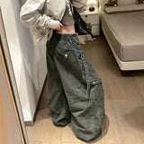 SHOPMOCHO Retro Green Work Pants High Waist Wide Leg Loose Fit for Men And Women Street Style Casual Comfortable Denim Trousers