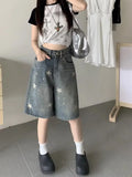 Shopmocho Women Y2k Style Baggy Denim Shorts Wide Leg Short Pants Fashion High Waisted Dark Wash Knee Length Loose Unisex Jeans Casual