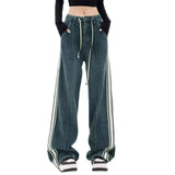 SHOPMOCHO Trendy Denim Pants Women Striped Drawstring High Waist Jeans Harajuku Y2k Korean Style Vintage Loose Straight Rousers