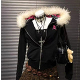 SHOPMOCHO Women Gothic Subculture Skull Embroidery Hooded Coat Winter Japanese Vintage Faux Fur Slim Jacket Grunge Punk Fashion Hoodies