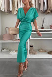 Shopmocho 2025 Fashion Sexy Satin Dress Women's Batwing Short Sleeve Wrap V-neck Twist Bodycon Midi Long Dresses Party High Street Dresses