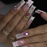 Shopmocho 24pcs Rhinestones Full Cover Nail Art Datachable Glitter French Press on Nails Tip Flower Long Square Fake Nail Pink False Nails