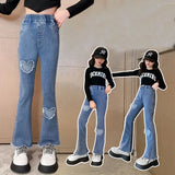 SHOPMOCHO New Fashion Teenage Girls Jeans Pants Bead Lace Denim Girl Trousers Children's Stretch Waist Solid Pants Casual Bell-bottoms