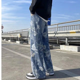 SHOPMOCHO Printed Jeans 2025 Spring Korean Style Mens New Floral Denim Pant High Street Loose Straight Couples Trousers baggy hosen herren