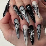 SHOPMOCHO Red Y2K Wearable Nail Art Chic Silver Butterfly Love Metal Bead Almond False Nails Detachable Finished Fake Nails Press on Nails