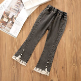 SHOPMOCHO New Fashion Teenage Girls Jeans Pants Bead Lace Denim Girl Trousers Children's Stretch Waist Solid Pants Casual Bell-bottoms