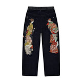 Shopmocho Harajuku Flower Woman Embroidery Baggy washed jeans Y2K Vintage 2000s streetwear American Gothic Pants Men Women wide leg pants