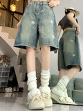 Shopmocho Women High Waist American Retro Washed Wide Leg Jeans Girls Street Do Old Star Loose Denim Pants Female Blue Knee Length Shorts