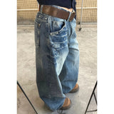 SHOPMOCHO Retro American Rivet Low Waist Straight Leg Denim Jeans Spicy Girl High Street Unique Design Couple Vintage Style Long Trousers