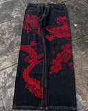 SHOPMOCHO Japanese Harajuku Jeans Mens New Dragon High Quality Jeans Gothic Y2K Vintage Hip Hop Streetwear Denim Fabric Wide Leg Pants