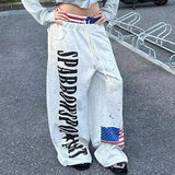 SHOPMOCHO Y2K College American Hip-hop Goth Print Drawstring Wide Leg Sweatpants Loose 90s High Street Sports Trousers Floor Length Pants
