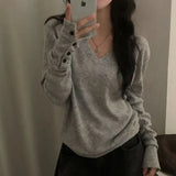 SHOPMOCHO MEXZT Streetwear Gray Sweater Women Fashion V Neck Knitted Pullovers Korean Long Sleeve Knitwears Winter Buttons Design Jumpers