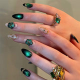 SHOPMOCHO 24Pcs 3D Blue Cat Eye Press on Nails Short Almond False Nails Irregular Gold Lines Fake Nails Sweet Cool French Metal Nail Art