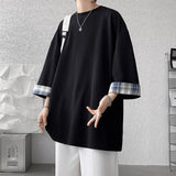 SHOPMOCHO men t shirts Summer Men's T-shirts Women Oversized 2XL Korean Style Loose Plaid T-shirt Casual Seven sleeves T-Shirt Male White