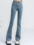SHOPMOCHO Women Korean Flare Jeans Girls High Waist Elastic Boot Cut Pants Lady Vintage Blue Black Gray Brown Denim Bell Bottom Trousers